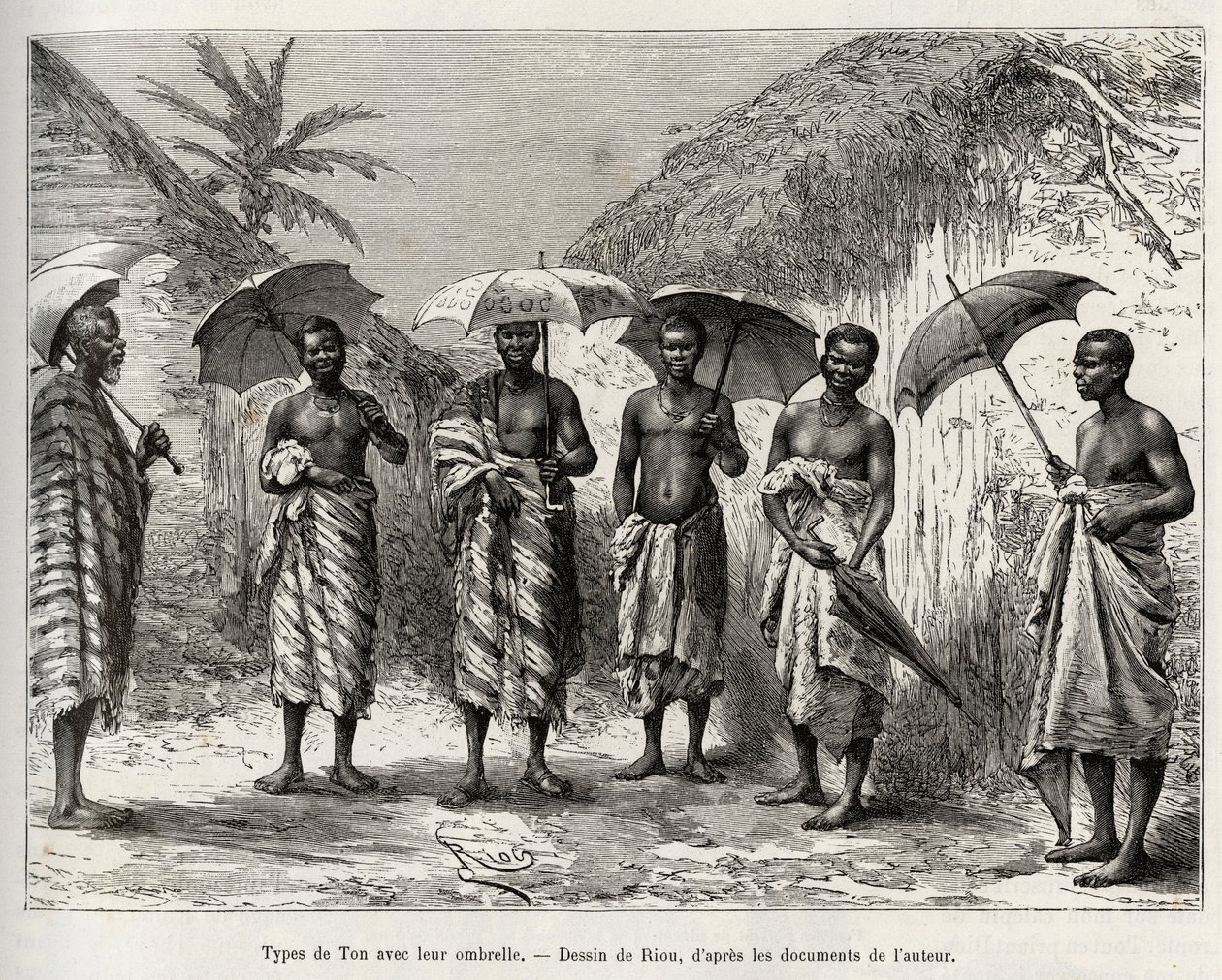 Tone type med deres paraply. Gravering av Riou, for å illustrere historien "" Fra Niger til Guineebukta"" av kaptein Louis Gustave Binger (1856-1936), i 1887-1889, i Le tour du monde, nouveau journal des voyages, under ledelse av Edouard Char av Edouard Riou