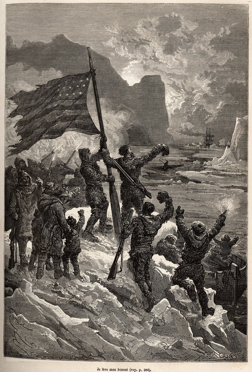 Tysons mannskap, etter flere dagers drift på et isfjell, så endelig en hvalfanger og viftet med det amerikanske flagget for å bli sett og reddet, gravert etter en tegning av E.Riou, som illustrerer historien om Polaris, isflåten, av løytnant Tyson, i 1870- av Edouard Riou