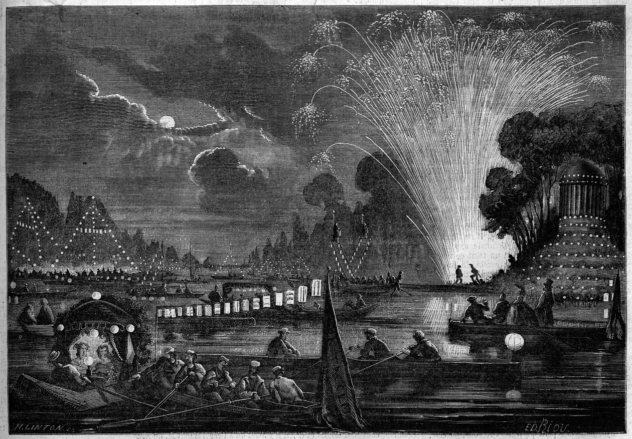 Venetiansk fest i Neuilly gitt til fordel for de fattige i 1858. Gravering av Riou i “” Le Monde Illustré”” nr. 77 av 2. oktober 1858. av Edouard Riou