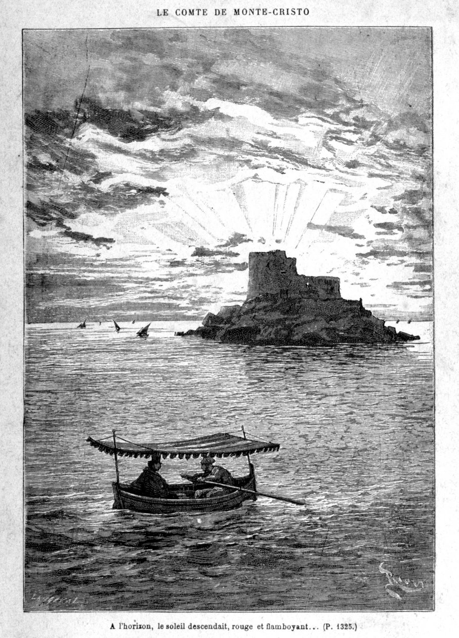 Seiling til øya - Gravering av Riou, i "" Greven av Monte-Cristo"" av A. Dumas, red. Jules Rouff & Cie av Edouard Riou