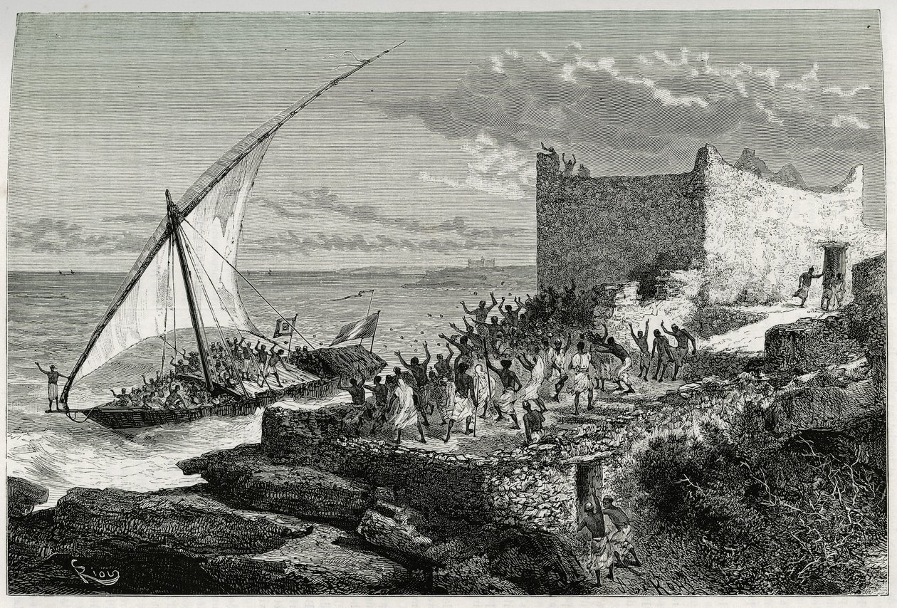 Med møkk fra reisende som kommer inn i havnen i Moguedouchou (Mogadishu), lager sjømenn en enorm racket for å tiltrekke seg folk som ønsker dem velkommen med rop av entusiasme. Gravering av Riou, for å illustrere historien "" Voyage chez les Benadir, les s av Edouard Riou