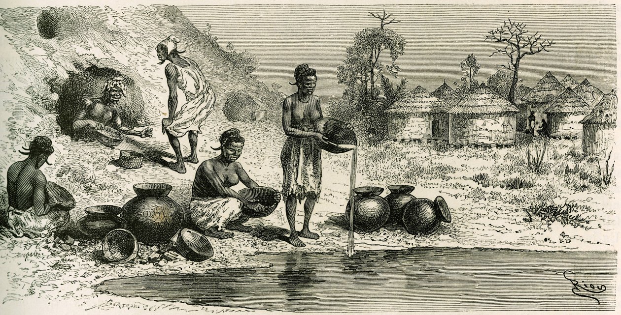 Kvinner i landsbyen Koumakhana vasker gull, i bakgrunnen søker menn gull i underjordiske gallerier. Gravering av Riou, for å illustrere historien "Exploration du Haut-Niger (Haut-Niger)" (dagens Mali) av kommandør Joseph Gallieni (1849-1916) fra av Edouard Riou
