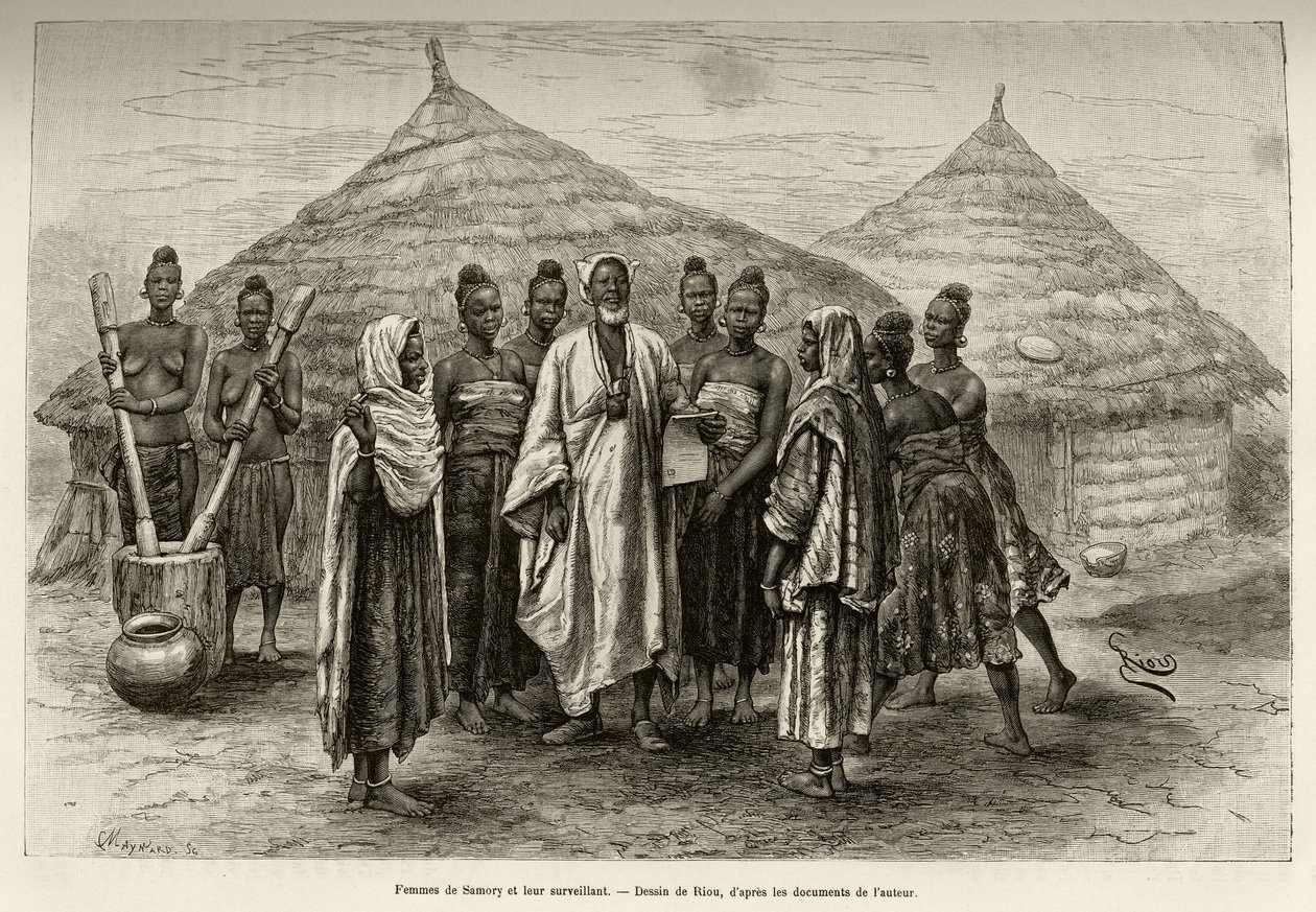 Women of Samory Toure (ca. 1835-1898) krigssjef for Niger-sløyfen og deres veileder, Sonninke, som kan lese og skrive arabisk, noe papiret han holder i hånden viser. Gravering av Riou, for å illustrere historien "" Fra Niger til Gulfen av Edouard Riou
