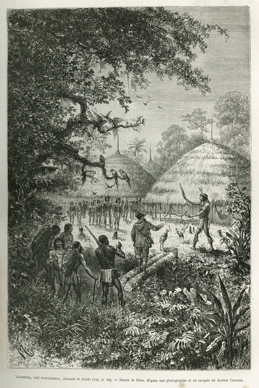Yacouman, Roucouyenne-høvding, stammen av Guiana ved bredden av Oyapock, jager djevelen, han går gjennom landsbyen etter fødselen av et barn, drysser en melkehvit væske med en fjærbørste, graverer etter en tegning av Riou, for å illustrere de av Edouard Riou