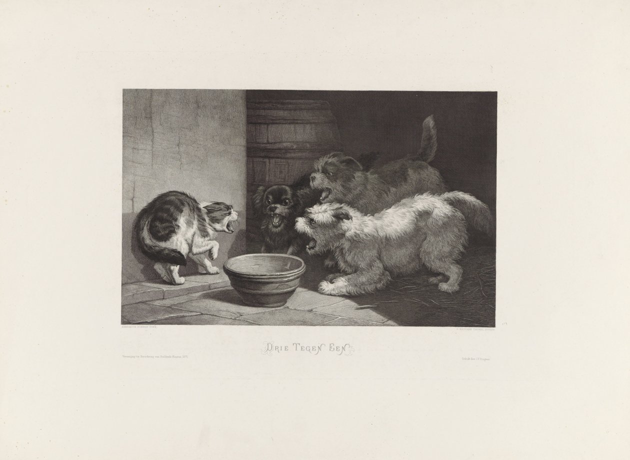 Blåser katt og tre bjeffende hunder ved en tallerken Three Against One av Edouard Taurel