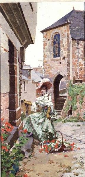 Parisisk kvinne med en kurv med blomster (panel) av Edouard Toudouze