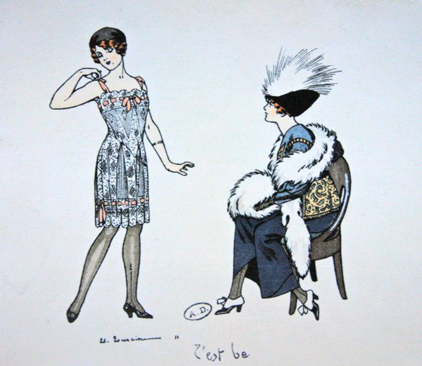 Mannequin viser en lapp til en klient, ca. 1912 (farge litho) av Edouard Touraine