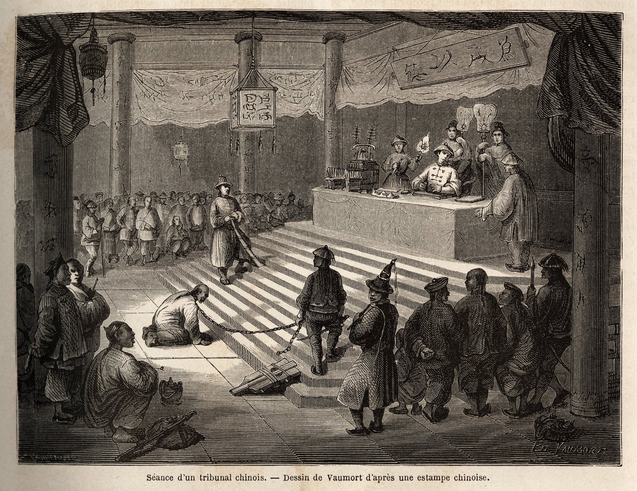 En kinesisk domstol, den siktede dukker opp ved retten omgitt av en gendarme som holder ham lenket og slakteren hans, tegning av Vaumort (? -1886), for å illustrere reisen fra Shanghai til Moskva, fra 1859 til 1862, til M. de Bourboulon. , fransk minister  av Edouard Vaumort