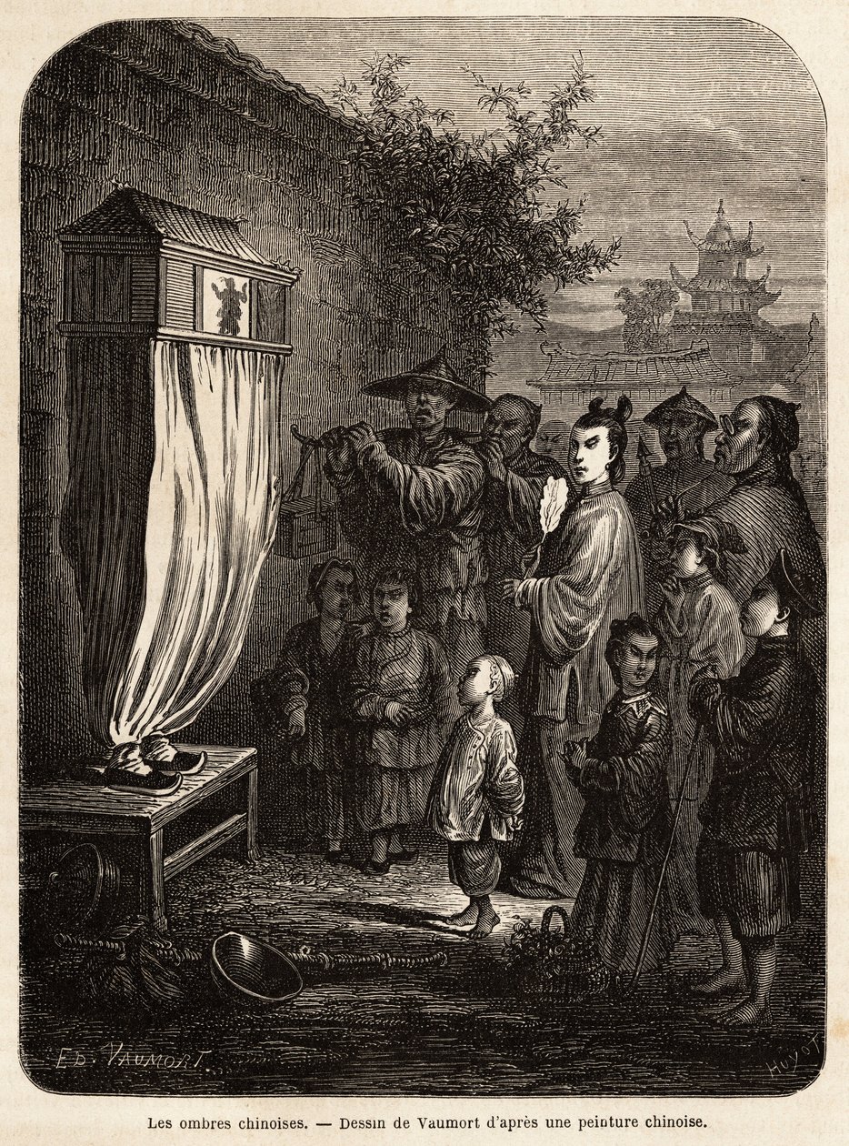 Et mobilt teater med kinesiske skygger, på en spasertur ved Pekin, tegning av Vaumort (? -1886), for å illustrere reisen fra Shanghai til Moskva, fra 1859 til 1862, til M. de Bourboulon, fransk minister i Kina. Gravering i "" Le tour du monde"", redigert a av Edouard Vaumort