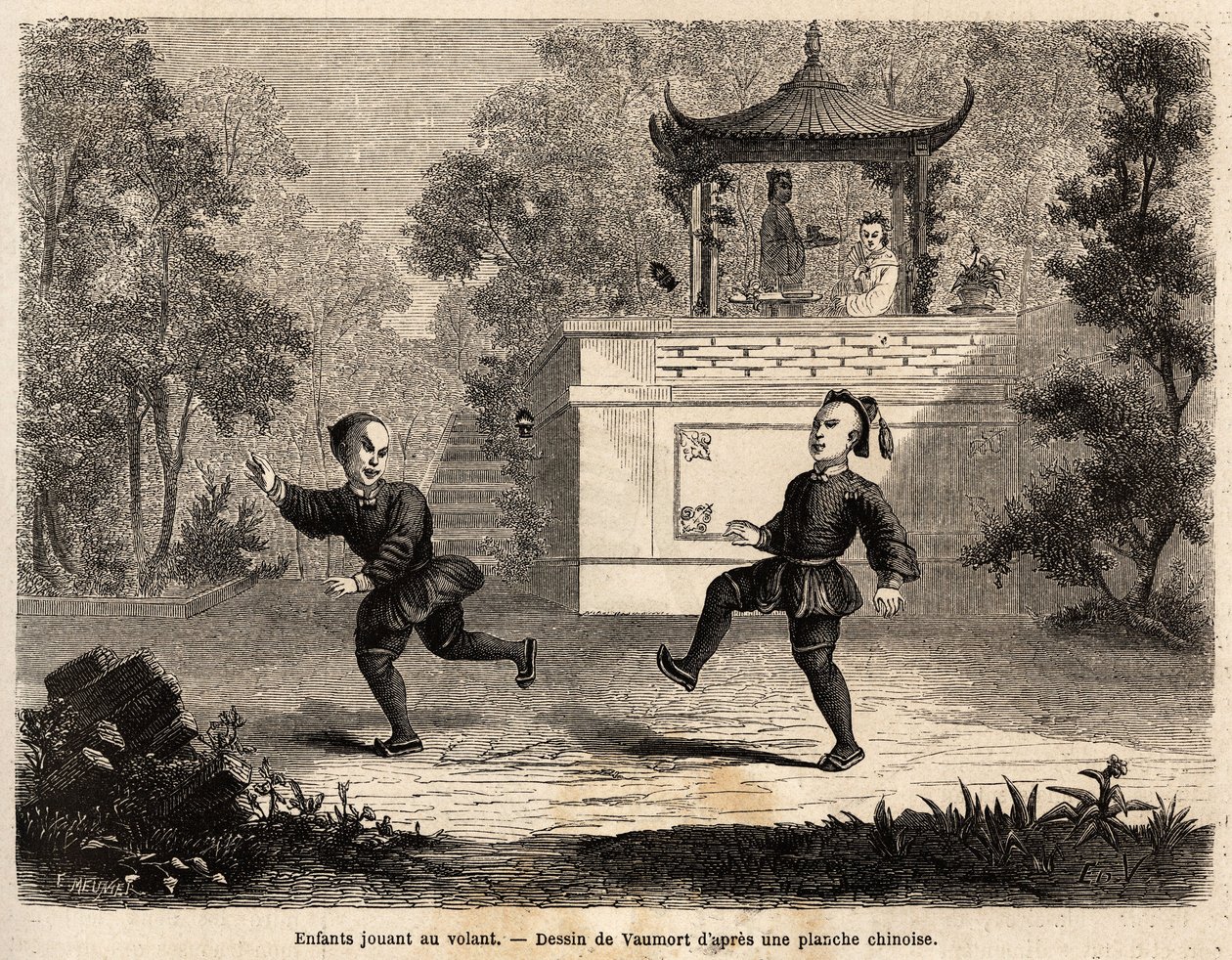 Kinesiske barn som leker ved rattet (skinnkule, tungmetallringer og implanterte 3 lange fjær), under tilsyn av moren, tegning av Vaumort (? -1886), for å illustrere reisen fra Shanghai til Moskva, fra 1859 til 1862, av M. de Bourb av Edouard Vaumort