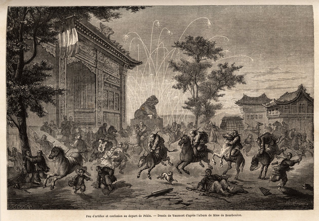 Fyrverkeri i Pekin og forvirring av mannskapet på den franske legasjonen ved avreise til Mongolia. Tegning av Vaumort (? -1886), for å illustrere reisen fra Shanghai til Moskva, fra 1859 til 1862, til M. de Bourboulon, fransk minister til Kina. Gravering av Edouard Vaumort