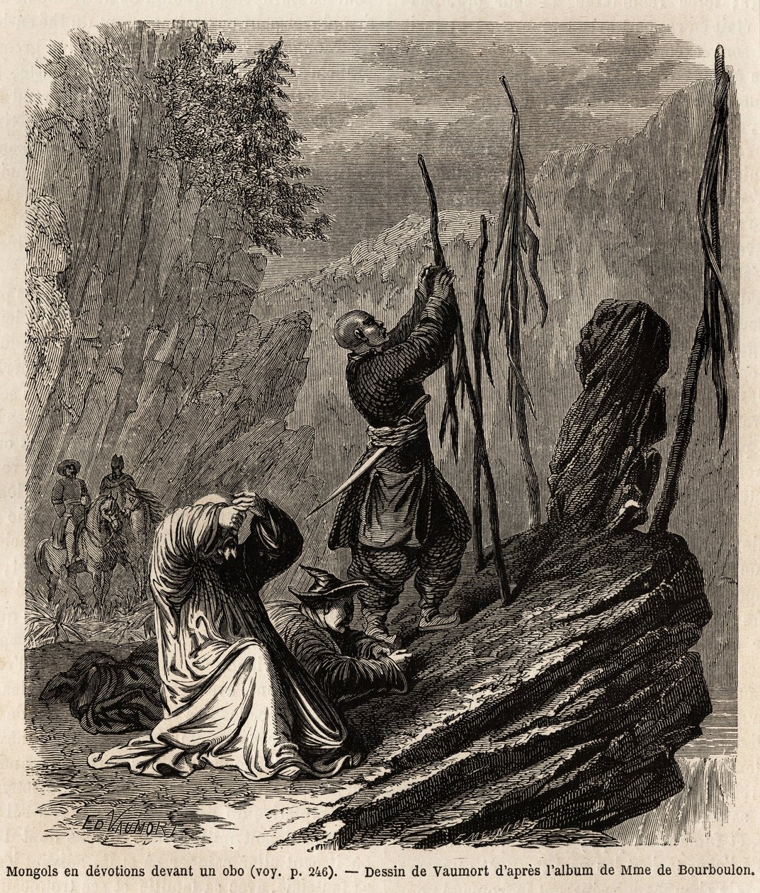 Mongoler i hengivenhet til en obo, nær Bakka- og Mongolia-fjellene, tegning av Vaumort (? -1886) for å illustrere reisen fra Shanghai til Moskva, fra 1859 til 1862, til M. de Bourboulon, fransk minister til Kina. Gravering i "" Le tour du monde&q av Edouard Vaumort