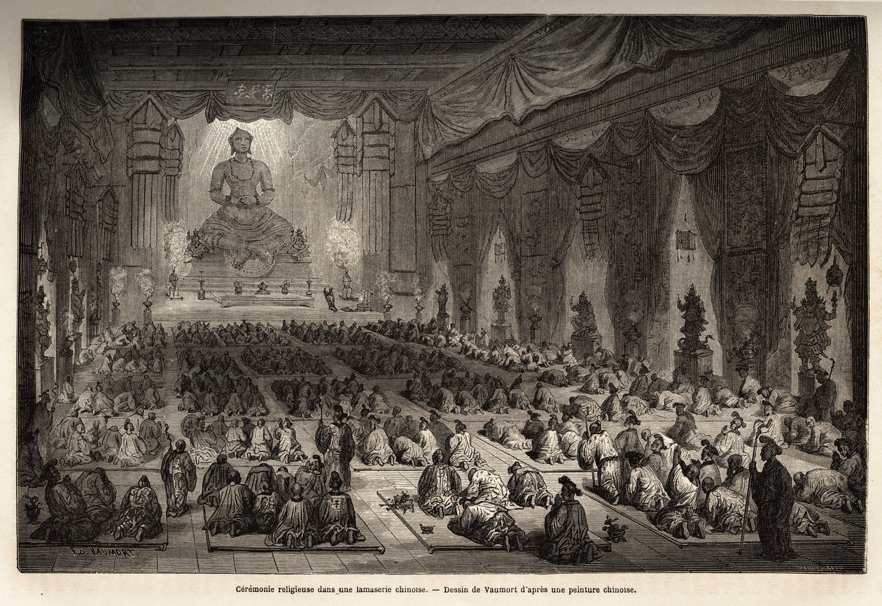 Religiøs seremoni i et kinesisk lamasserie, tegnet av Vaumort (? -1886), for å illustrere reisen fra Shanghai til Moskva, fra 1859 til 1862, til M. de Bourboulon, fransk minister i Kina. Gravering i "" Le tour du monde"", redigert av Edouard Charton av Edouard Vaumort