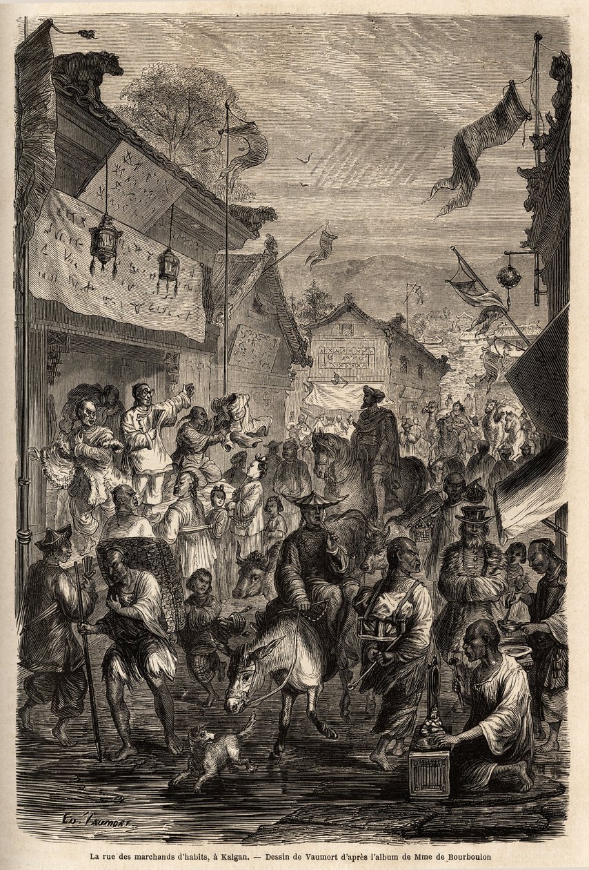 Gaten med kleshandlere, Kalgan, Mongolia. Tegning av Vaumort (? -1886), for å illustrere reisen fra Shanghai til Moskva, fra 1859 til 1862, til M. de Bourboulon, fransk minister til Kina. Gravering i "" Le tour du monde"", redigert av Edouard Chart av Edouard Vaumort