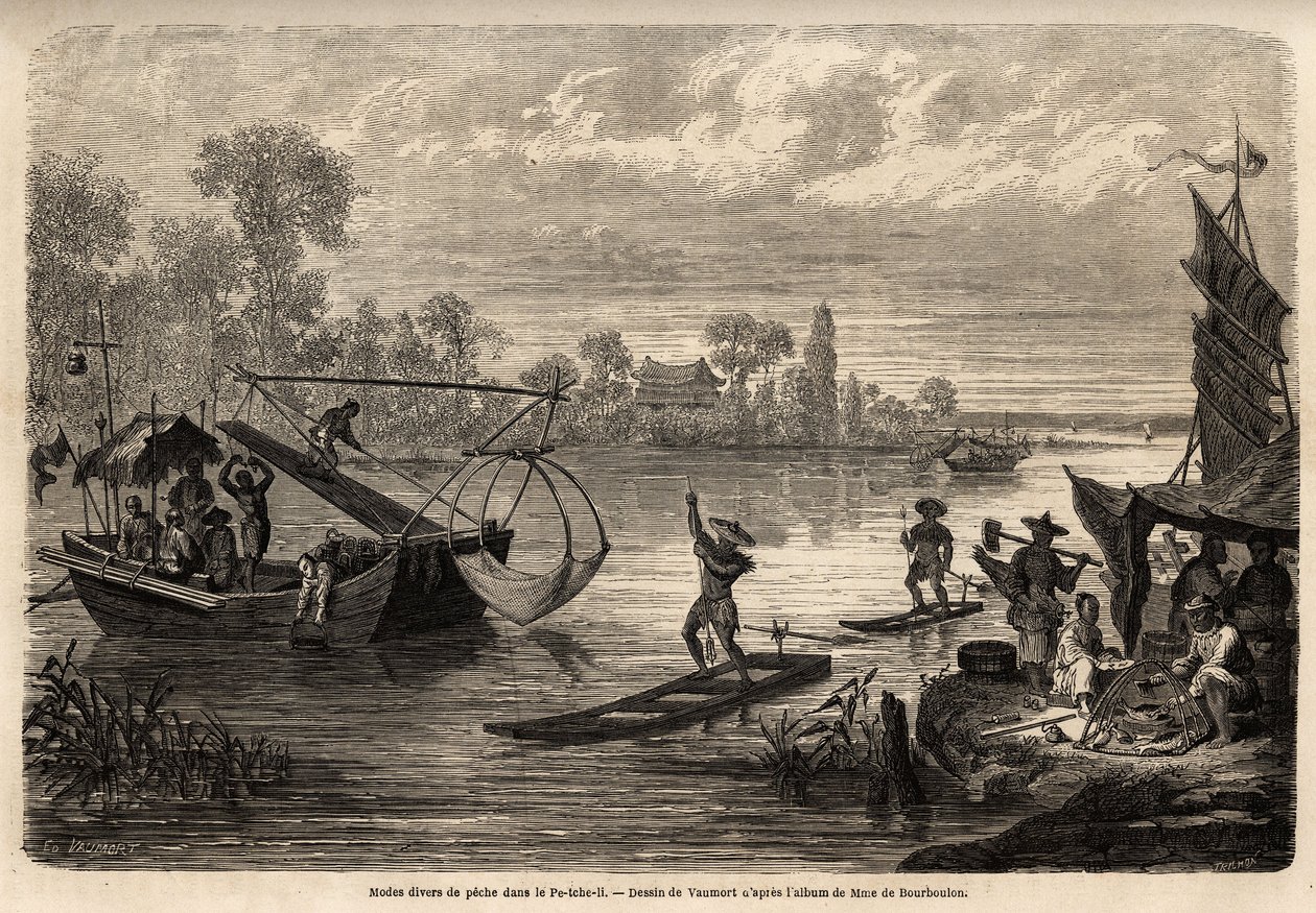 De ulike metodene for å fiske elvene i provinsen Pet Tche Li (brannfiske, treforkfiske, fiskefiske, sjakkfiske og strandfiske) er beskrevet. Tegning av Vaumort (? -1886), for å illustrere reisen fra Shanghai til Moskva, fra 185 av Edouard Vaumort