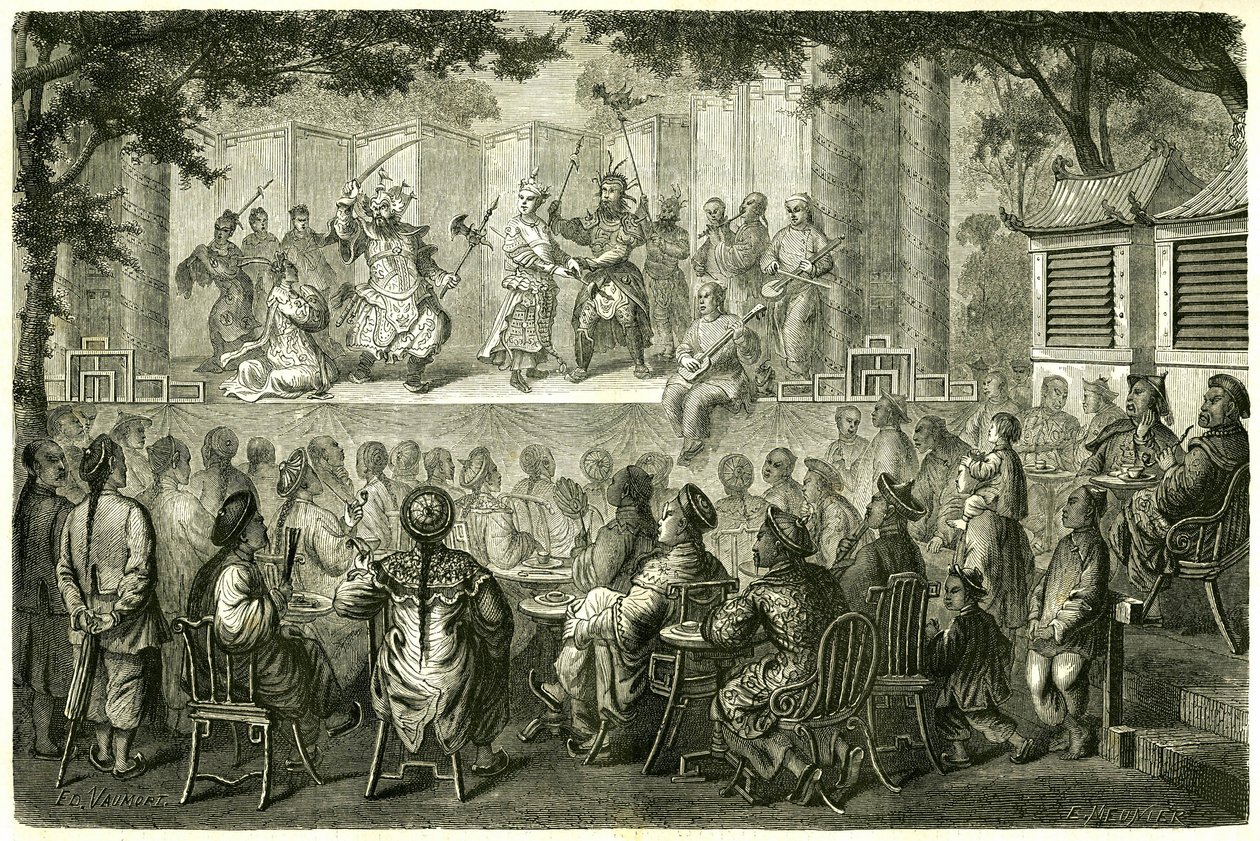 Utsikt over en representasjon av Opera de Pekin (Beijing), Kina, etter reisehistorien til Madame de Bourboulon. Gravering etter en tegning av Vaumort, i "" Le Tour du Monde, Nouveau journal des Voyages", redigert av Edouard Charton, Paris av Edouard Vaumort