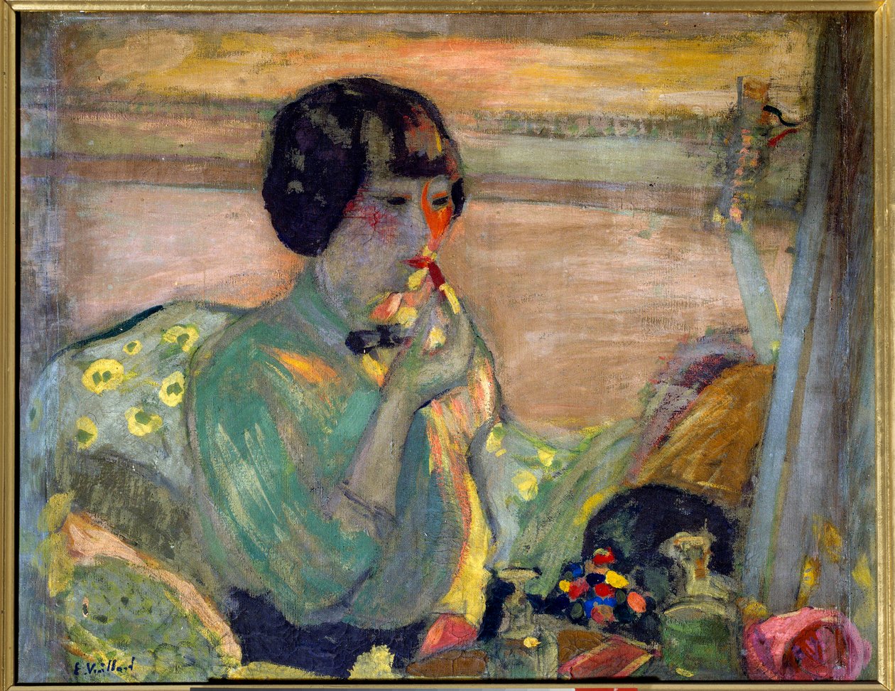 Den franske komikeren Marthe Mellot (1870-1947) iført sminke, 1900-tallet. Paris, Comedy of the Champs Elysees (olje på lerret) av Edouard Vuillard