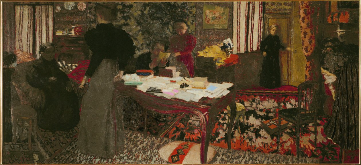 Stort interiør med seks tegn av Edouard Vuillard