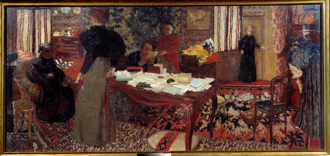 Stort interiør med seks tegn av Edouard Vuillard