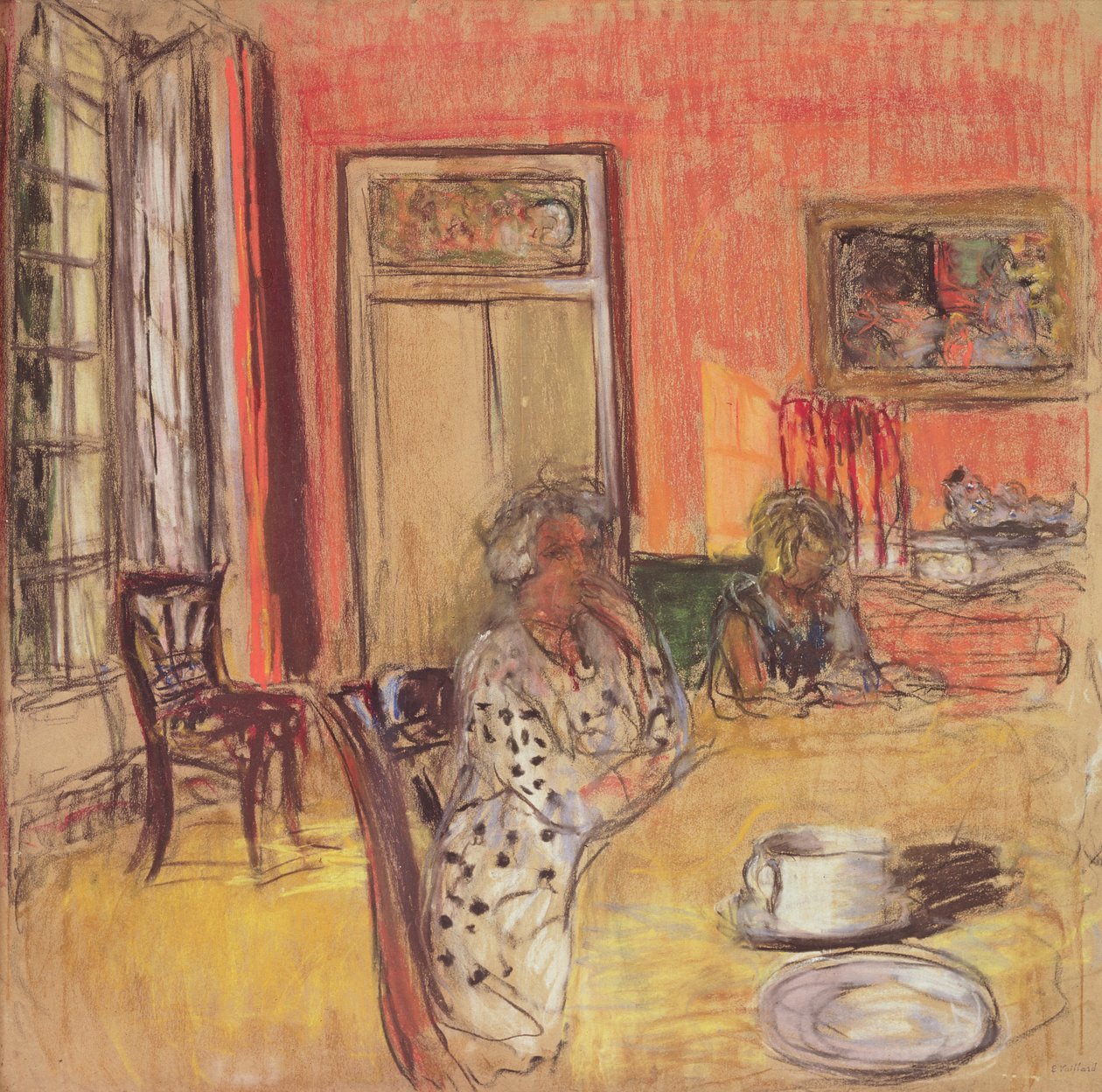 Madame Hessel og Lulu i spisesalen på Château des Clayes, ca. 1935-38 av Edouard Vuillard