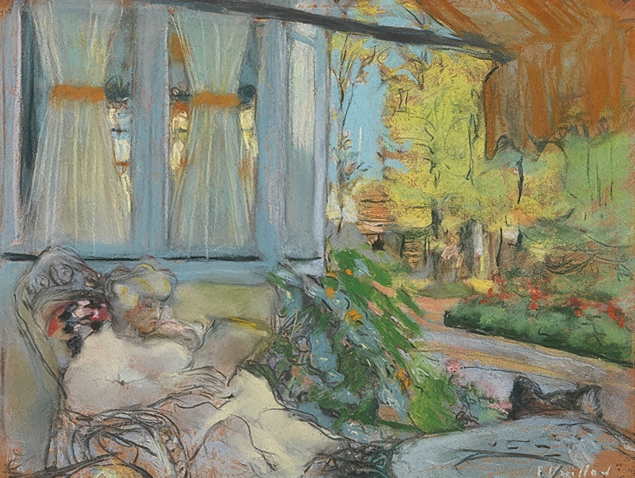 Madame Hessel auf der Terrasse lesend (Madame Hessel leser på terrassen til Clos Cézanne). Um 1920-25 av Edouard Vuillard