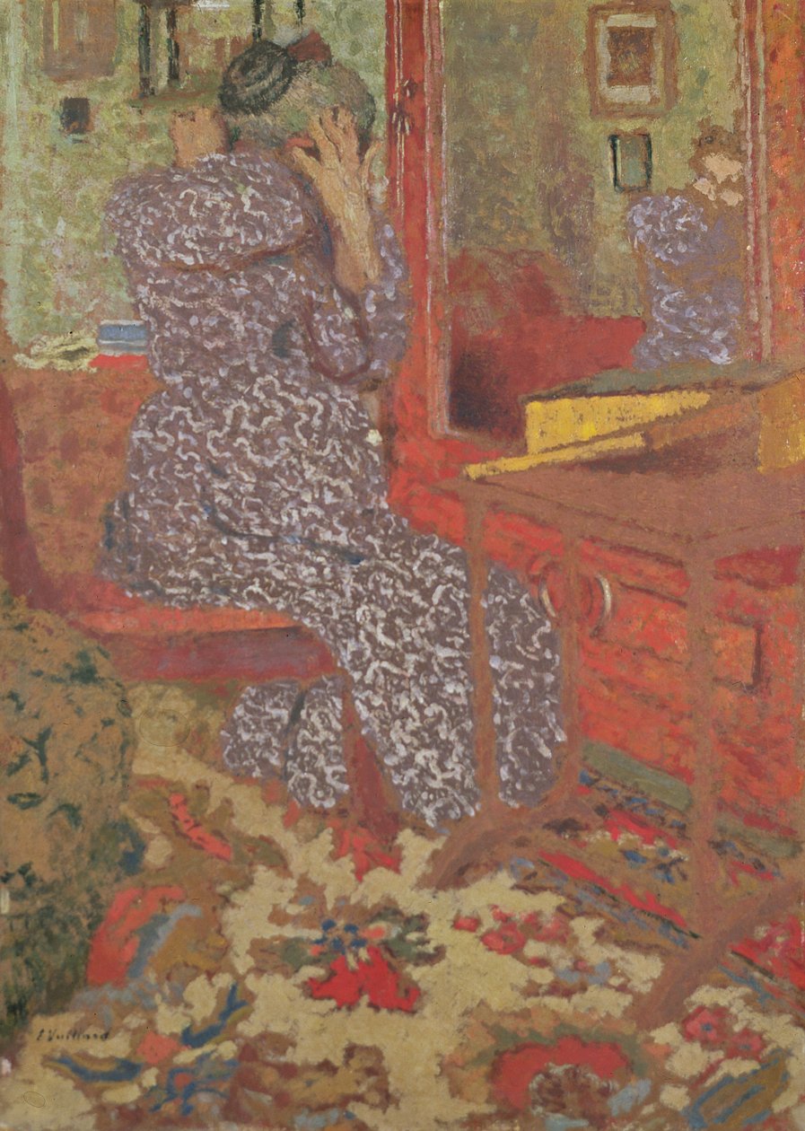 Madame Vuillard arrangerer håret sitt, 1900 (brett) av Edouard Vuillard