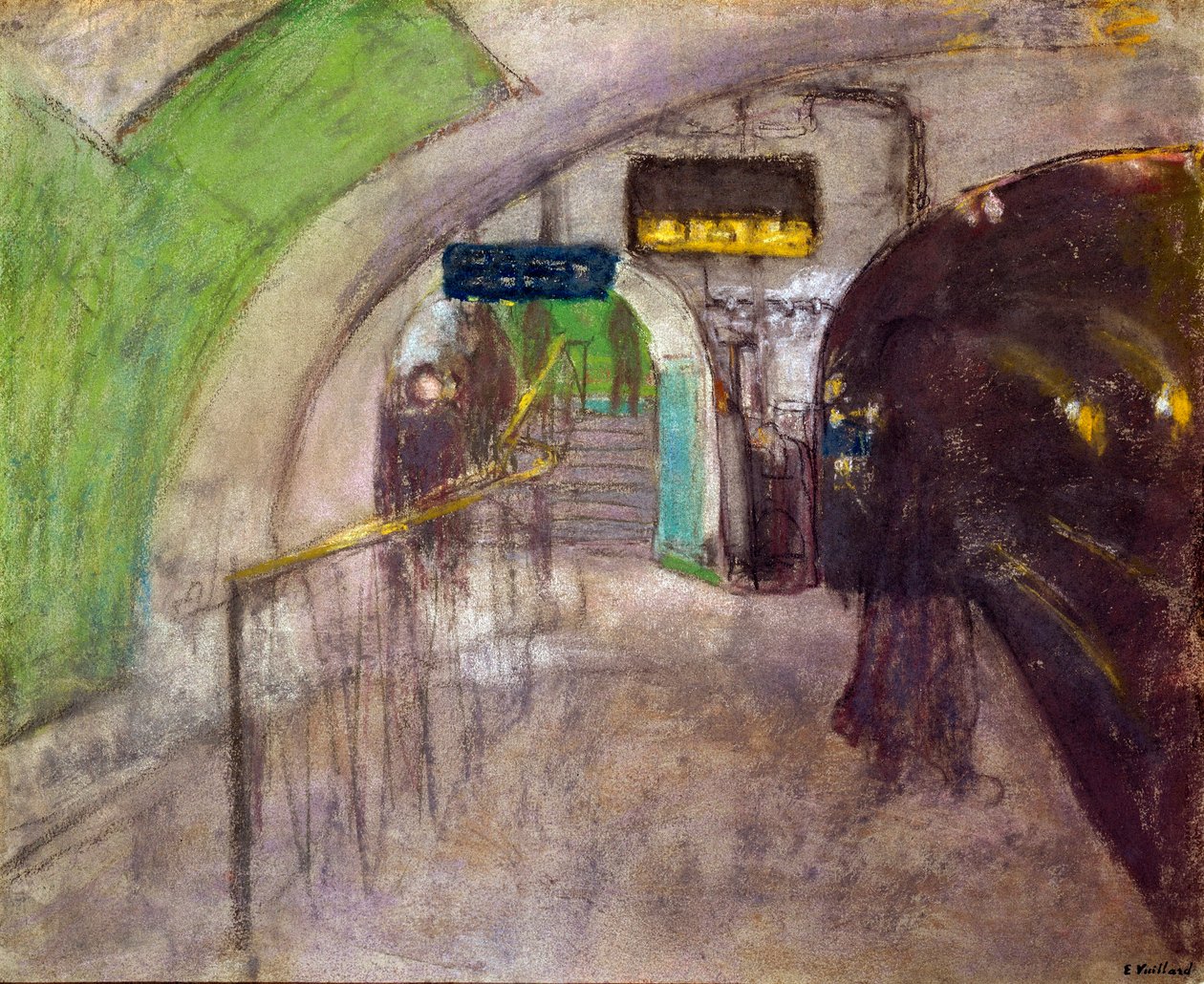 T-banestasjon Utsikt over bryggene i den underjordiske undergrunnen, 1900-tallet (maleri) av Edouard Vuillard
