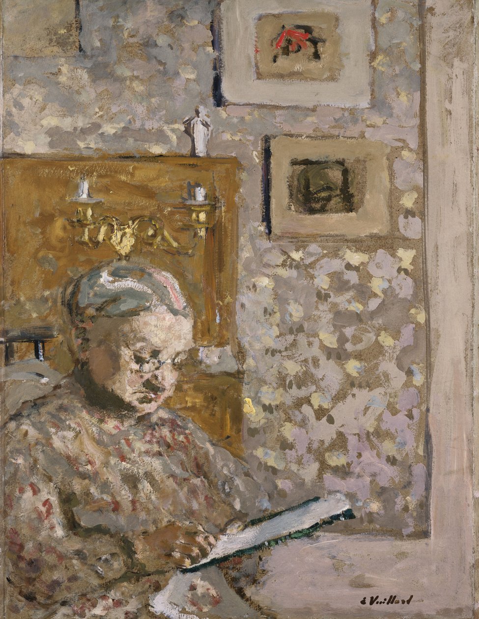 Mme Vuillard med et billedvev, ca. 1910 (olje om bord) av Edouard Vuillard