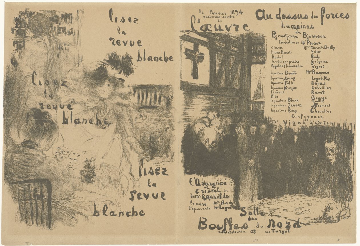 Omslagsprogramhefte med annonse for La Revue Blanche og kunngjøring av stykket Au-dessus des forces humaines Lisez la revue blanche Au-dessus des forces humaines av Edouard Vuillard