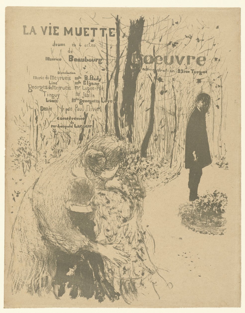 Omslag til programhefte med kvinne med to barn og mann i parken til lek La vie muette med liste over roller og skuespillere La vie muette av Edouard Vuillard