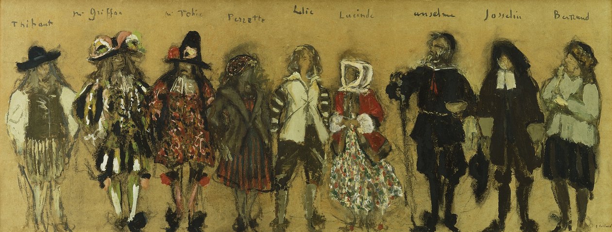 Studie for kostymer for ni skuespillere i "La Coupe Enchantee" for Jean de la Fountaine; Costume Studies for the Nine Characters of the Enchanted Cup av Jean de la Fontaine, 1918 av Edouard Vuillard