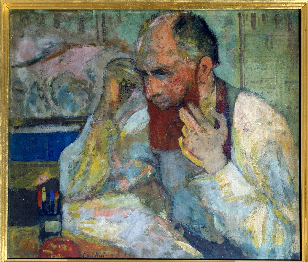 Komikeren Aurelien Lugne Poe (Lugne-Poe) (1869-1940) som lager sminke, Paris fra 1900-tallet, Comedie of the Champs Elysees (olje på lerret) av Edouard Vuillard