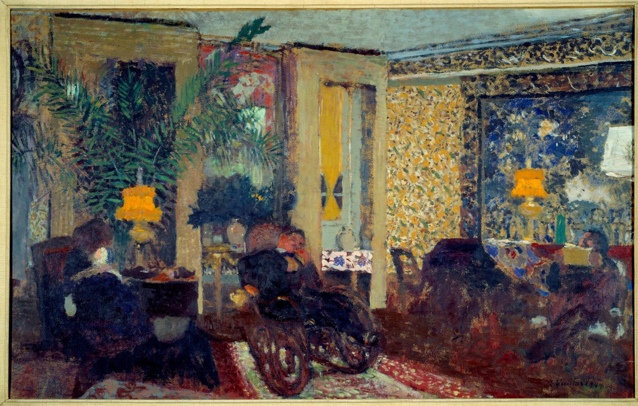 Stuen med tre lamper St. Florentine. Interiør i en stue i en leilighet. I midten sitter en mann på en gyngestol. Maleri av Edouard Vuillard (1868-1940) av Edouard Vuillard
