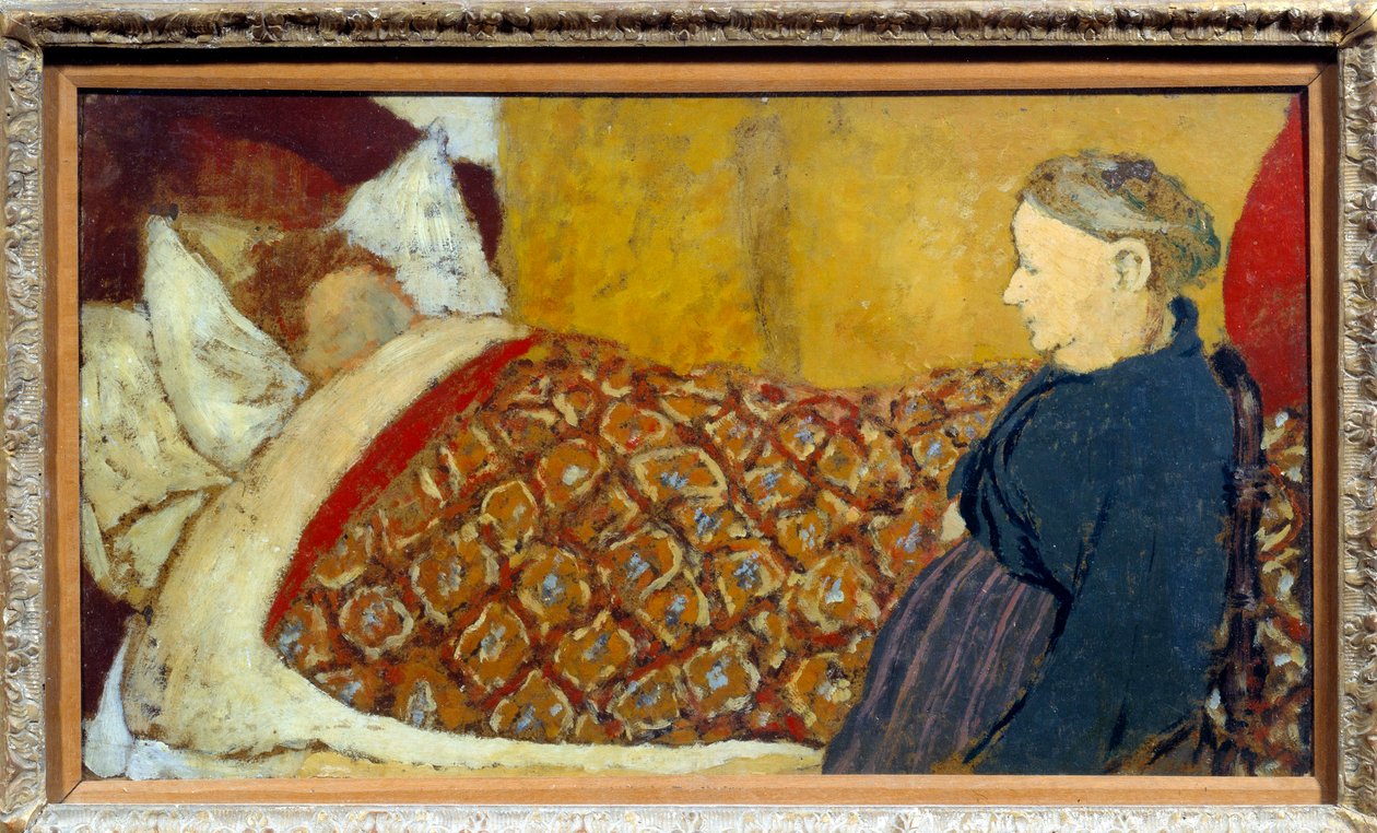 Vuggesangen En bestemor synger en vuggevise eller forteller en historie til et barn for å sove. Kartongmaruffel på trepanel Parqueque d"Edouard Vuillard av Edouard Vuillard