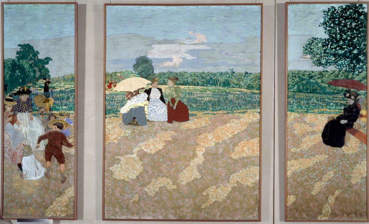 De offentlige hagene: sykepleierne, samtalen og den røde paraplyen - Triptykon bestemt for utsmykningen av Alexandre Natansons herskapshus av Edouard Vuillard