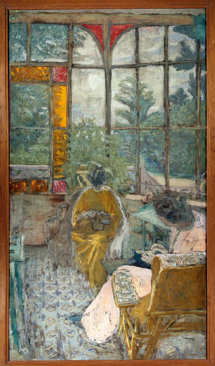 To kvinner broderer under en veranda. Lucie Hessel og skuespiller Marthe Mellot av Edouard Vuillard