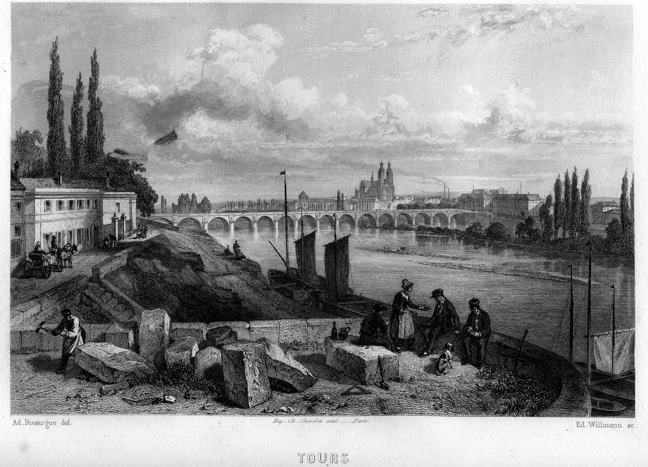 City view of Tour, Indre-et-Loire (Indre et Loire), Centre, France. Engraving by Willmann in “La France ancienne et moderne”” by Jean-Bernard Mary-Lafon (Jean Bernard Mary Lafon) av Edouard Willmann