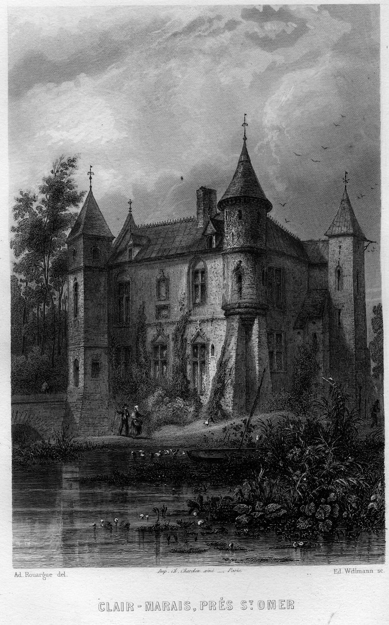 Clair-myr (Clair-Marais eller Clairmarais) nær Saint Omer (Saint Omer), Pas-de-Calais, Nord-Pas-de-Calais-regionen (Nord Pas de Calais), Frankrike. Gravering av Willmann i "Ancient and Modern France"" av Jean-Bernard Mary-Lafon (Jean Bernard Mary Lafon) av Edouard Willmann