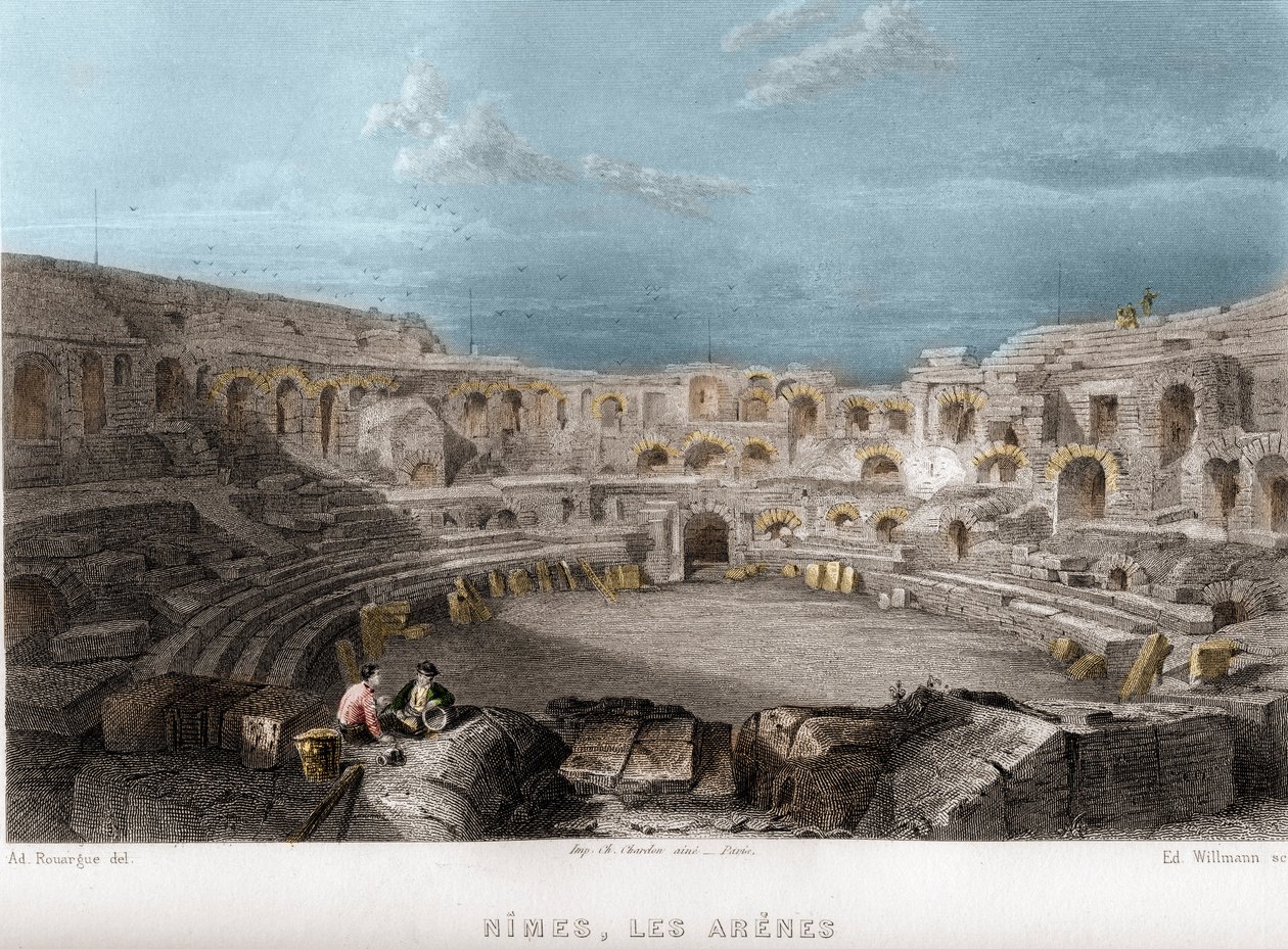 Arena of Nimes, Gard, Languedoc-Roussillon (Languedoc Roussillon), Frankrike. Gravering av Willmann i "Ancient and Modern France"" av Jean-Bernard Mary-Lafon (Jean Bernard Mary Lafon) av Edouard Willmann