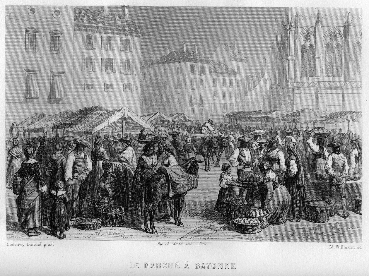 Marche i Bayonne, Pyrenees-Atlantiques (Pyrenees Atlantiques), Aquitaine, Frankrike. Gravering av Willmann i "Ancient and Modern France"" av Jean-Bernard Mary-Lafon (Jean Bernard Mary Lafon) av Edouard Willmann