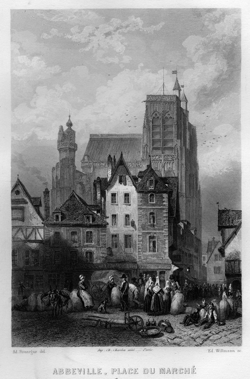 Place du marche de la ville de Abeville, Somme, Picardie, France. Engraving by Willmann in “La France ancienne et moderne”” by Jean-Bernard Mary-Lafon (Jean Bernard Mary Lafon) av Edouard Willmann