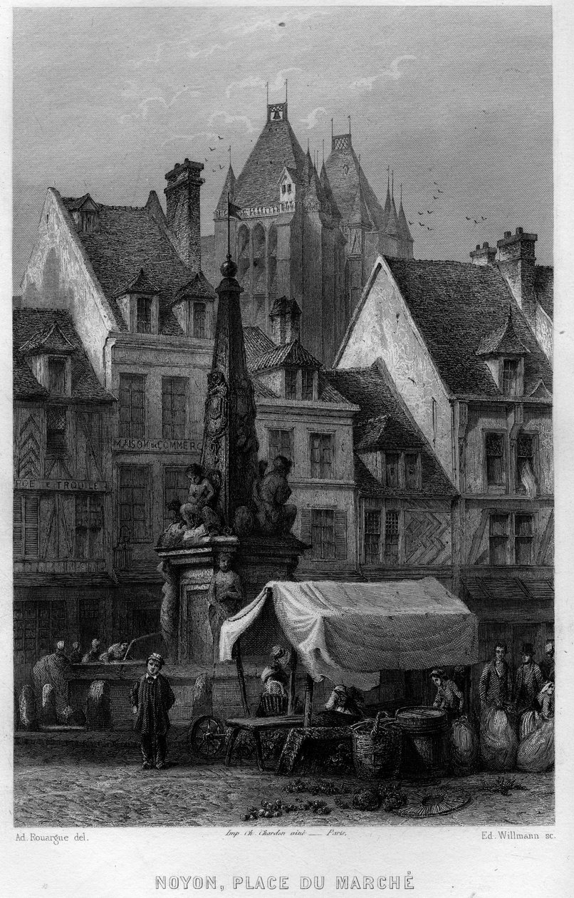 Place du Marche i byen Noyon, Oise, Picardie, Frankrike. Gravering av Willmann i "Ancient and Modern France"" av Jean-Bernard Mary-Lafon (Jean Bernard Mary Lafon) av Edouard Willmann