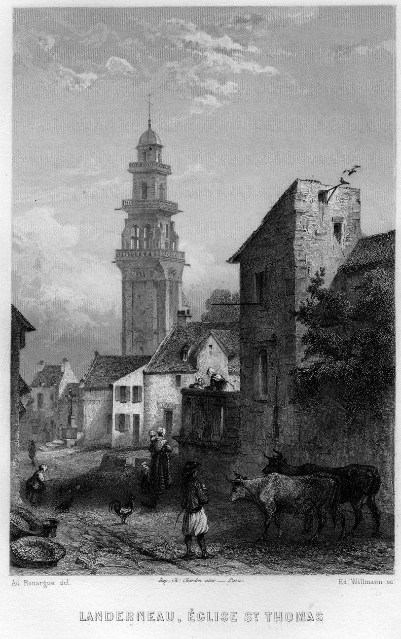 View of Landerneau and Saint Thomas Church, Finistere, Brittany, France. Engraving by Willmann in “La France ancienne et moderne”” by Jean-Bernard Mary-Lafon (Jean Bernard Mary Lafon) av Edouard Willmann