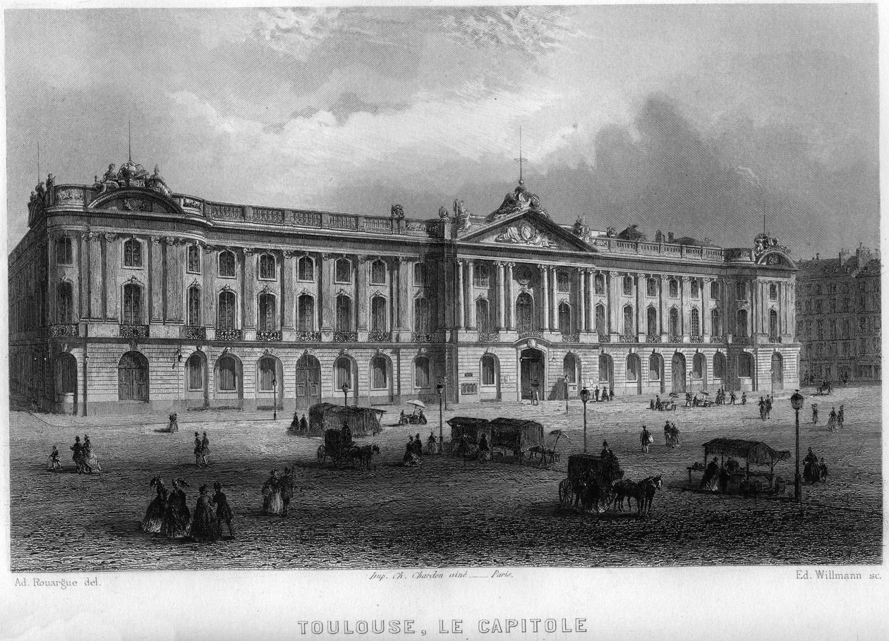 Utsikt over hovedstaden i byen Toulouse, Haute-Garonne (Haute Garonne), Midi-Pyrénées (Midi Pyrenees), Frankrike. Gravering av Willmann i "Ancient and Modern France"" av Jean-Bernard Mary-Lafon (Jean Bernard Mary Lafon) av Edouard Willmann