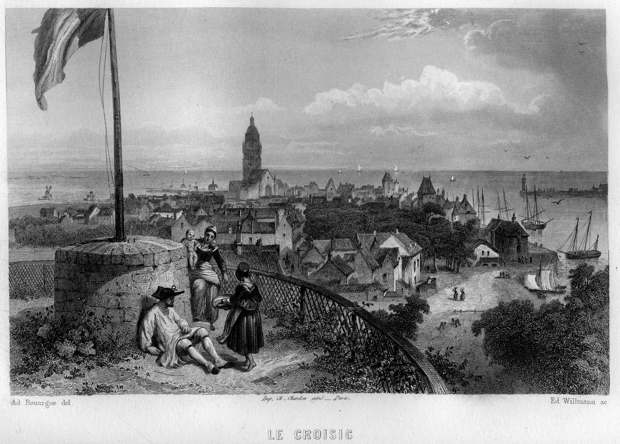 Utsikt over byen Croisic (Le Croisic), Loire-Atlantique (Loire Atlantique), Pays de la Loire, Frankrike. Gravering av Willmann i "Ancient and Modern France"" av Jean-Bernard Mary-Lafon (Jean Bernard Mary Lafon) av Edouard Willmann