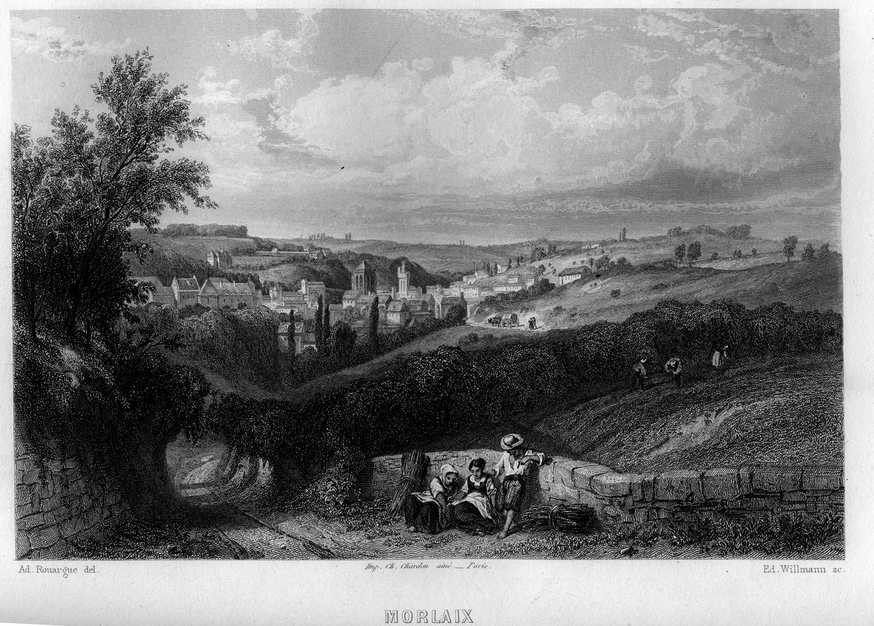 Utsikt over byen Morlaix, Finistere, Bretagne, Frankrike. Gravering av Willmann i "Ancient and Modern France"" av Jean-Bernard Mary-Lafon (Jean Bernard Mary Lafon) av Edouard Willmann
