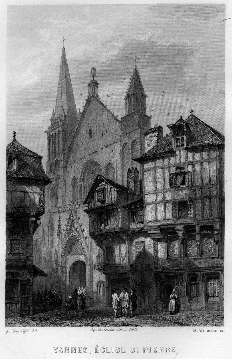 View of the city of Vannes and the Church of Saint Pierre, Morbihan, Brittany, France. Engraving by Willmann in “La France ancienne et moderne”” by Jean-Bernard Mary-Lafon (Jean Bernard Mary Lafon) av Edouard Willmann