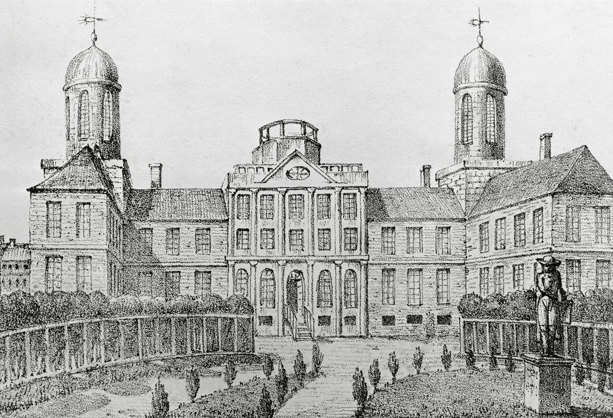 Sykehus i Philadelphia, USA, litografi av Edouard de Montule (1792-1828) fra Voyage to America, Italia, Sicilia og Egypt av Edouard de Montule
