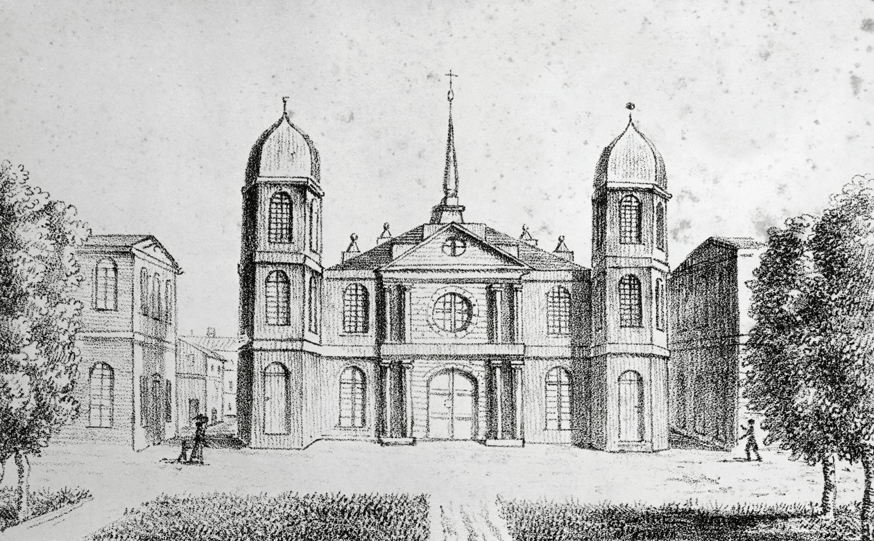 New Orleans kirke, USA, litografi av Edouard de Montule (1792-1828) fra Voyage to America, Italia, Sicilia og Egypt av Edouard de Montule