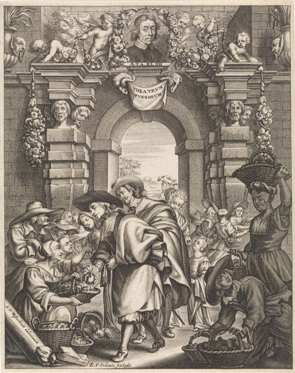 To herrer kjøper sopp på markedet Tittelillustrasjon for: F. van Sterbeeck, Theatrum Fungorum oft het tooneel der Campernoelien, 1675 av Edouard van Ordonie